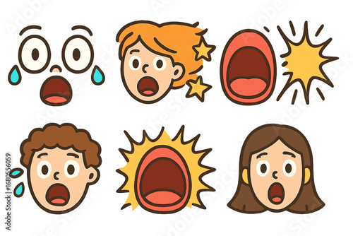 Cartoon Scream Expressions. Flat vector mini-illustrations cartoon scream expressions in colors children's illustrations: wide