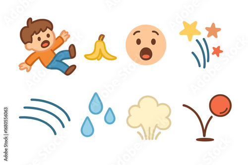 Cartoon Mishaps Grid. Flat vector mini-illustrations cartoon falls in colors children's illustrations: tripping character,