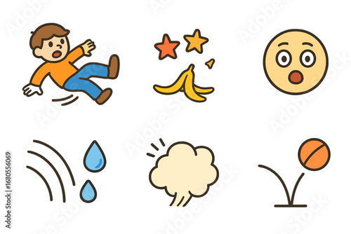 Cartoon Mishaps Grid. Flat vector mini-illustrations cartoon falls in colors children's illustrations: tripping character,