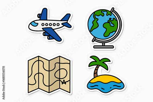 Travel Icons Airplane, Globe, Map, Island - Vector Illustration