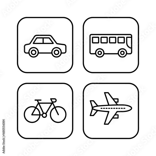 Vector Outline Collection of Essential Transportation Icons Car, Bus, Bicycle, and Airplane Representing Urban Mobility, Public Transit, and Global Travel Solutions for Modern Digital Design