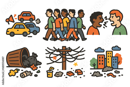 Chaotic City Grid. Flat vector mini-illustrations chaotic city in colors children's illustrations: traffic jam, honking cars,