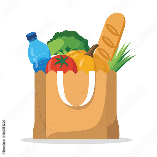 Paper grocery bag full of fresh, healthy food including vegetables, bread, and water. Daily shopping companion concept vector illustration.