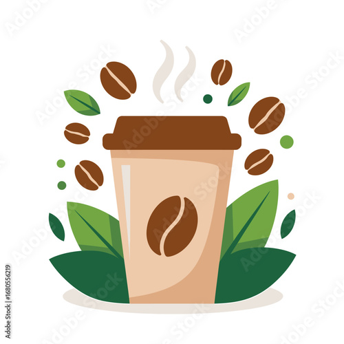 Aromatic takeaway coffee cup with a bean logo, steaming hot and surrounded by fresh coffee beans and green leaves. A vector graphic companion for your morning routine.