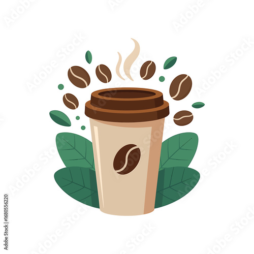 Steaming hot coffee to-go cup illustration with roasted beans and green leaves. Aromatic takeaway beverage vector design concept.