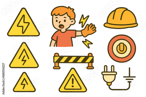 Child Safety Icons. Flat vector mini-illustrations electric safety icons in colors children's illustrations: high voltage sign,