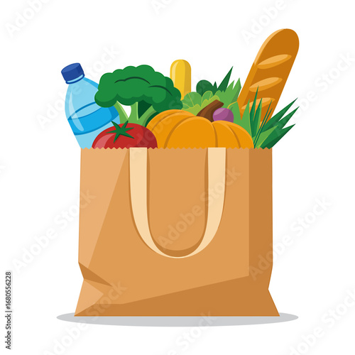 Assortment of fresh, healthy groceries in an eco-friendly paper shopping bag. Organic vegetables, bread, and drinks for sustainable living and mindful consumption.