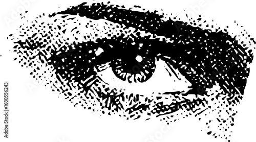 Grungy vector illustration of a woman's face silhouette with black ink splatter, paint drops, and halftone texture design elements