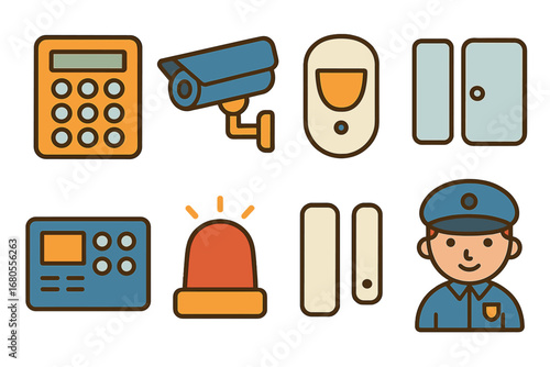 Child's Home Security Icons. Flat vector mini-illustrations home security alarms in colors children's illustrations: keypad,