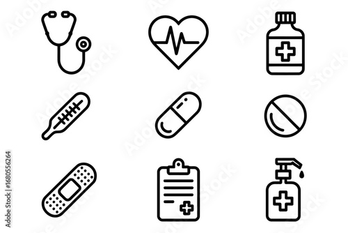 Health Icons Stethoscope, Heartbeat, Thermometer, Medication, and Hand Sanitizer for Wellness and Prevention