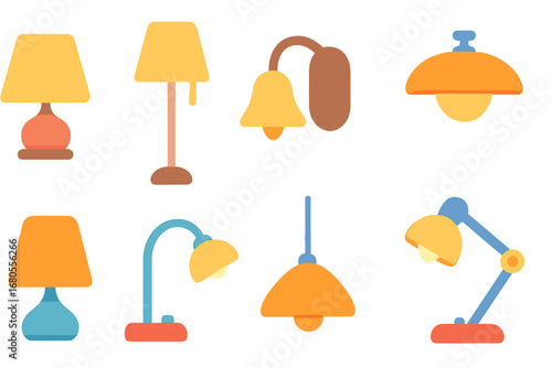 Child's Lighting Icons. Flat vector mini-illustrations light in interior design in colors children's illustrations: table lamp,