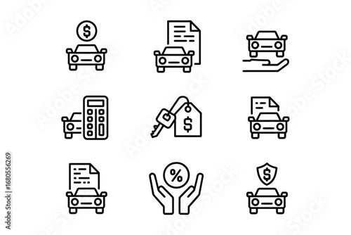 Auto Loan & Car Financing Icons  Line Art Vector Graphics