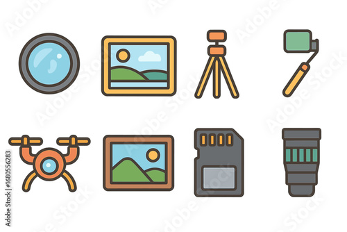 Child's Camera Icons. Flat vector mini-illustrations panoramic camera and photography in colors children's illustrations: camera
