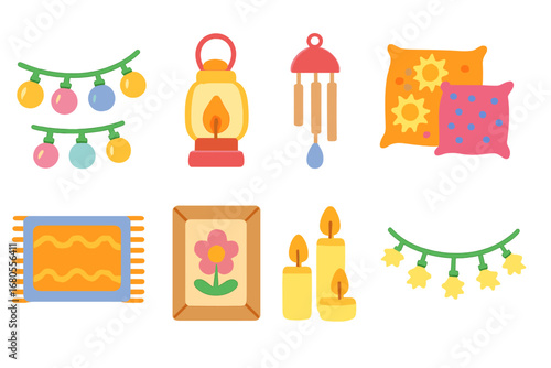 Children's Balcony Icons. Flat vector mini-illustrations balcony decorations in colors children's illustrations: string lights,