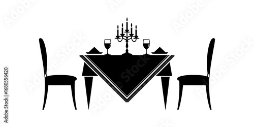 Black and white silhouette of an elegant restaurant table set for two, symbolizing a romantic candlelight dinner with a companion.