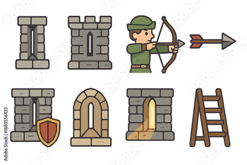 Children's Castle Icons. Flat vector mini-illustrations arrow slit in colors children's illustrations: narrow arrow slit window,