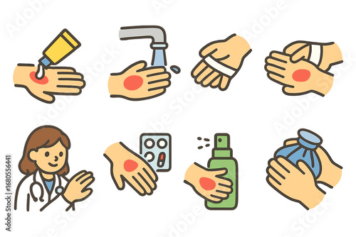 Children's Burn Care Icons. Flat vector mini-illustrations burn treatment in colors children's illustrations: applying ointment,