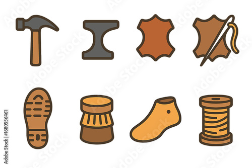 Children's Cobbler Icons. Flat vector mini-illustrations cobbler in colors children's illustrations: shoe repair hammer, cobbler's