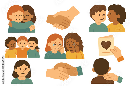 Children's Comfort Icons. Flat vector mini-illustrations funeral support in colors children's illustrations: comforting hug,