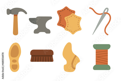 Children's Cobbler Icons. Flat vector mini-illustrations cobbler in colors children's illustrations: shoe repair hammer, cobbler's