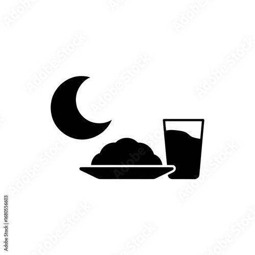 Ramadan Iftar Illustration Crescent Moon, Plate, and Glass Symbolizing Evening Meal and Muslim Holy Month