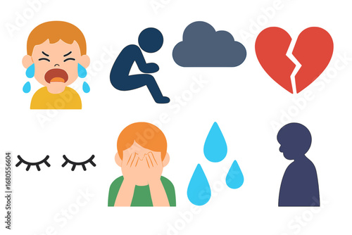 Children's Despair Icons. Flat vector mini-illustrations despair emotions in colors children's illustrations: crying child,