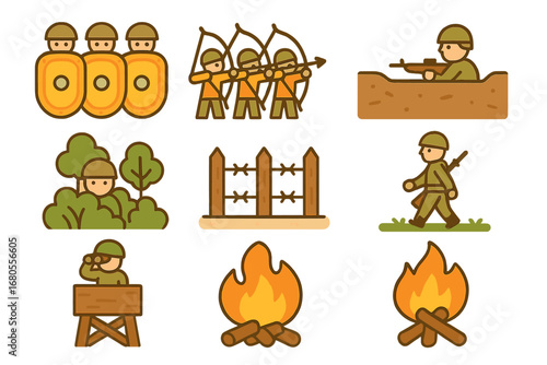 Children's Defense Icons. Flat vector mini-illustrations defense tactics in colors children's illustrations: shield wall, archery