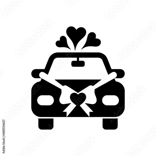 Wedding car icon with hearts and bow, symbolizing romantic journey, lasting partnership, and joyful companionship. Ideal for celebrations and new beginnings.