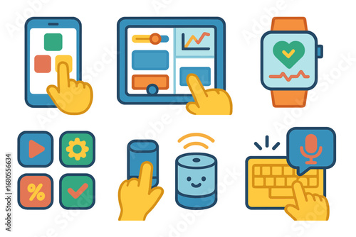 Children's Digital Interfaces. Flat vector mini-illustrations digital control interfaces in colors children's illustrations: