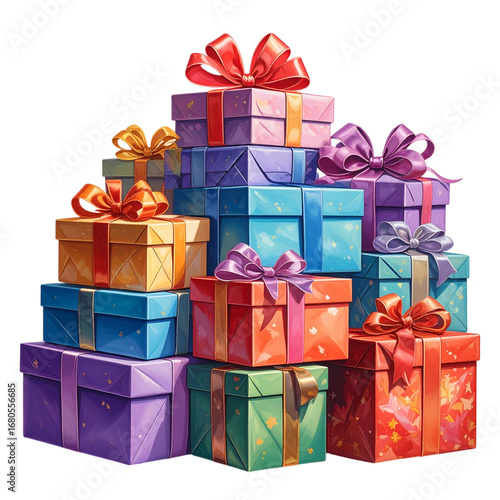 There is a stack of colorful gift boxes adorned with ribbons. The gifts are stacked on top of each other and come in various colors and sizes isolated on white and transparent background.