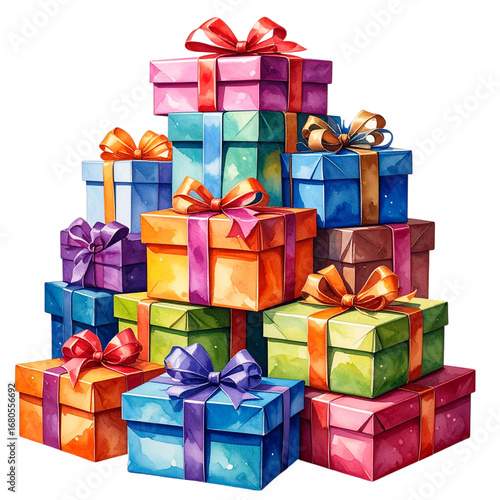 There is a stack of colorful gift boxes adorned with ribbons. The gifts are stacked on top of each other and come in various colors and sizes isolated on white and transparent background.