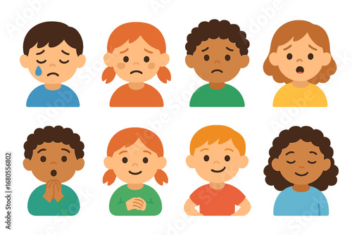 Children's Emotion Icons. Flat vector mini-illustrations punishment emotions in colors children's illustrations: sadness, guilt,