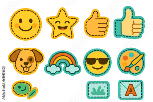 Children's Emotion Patches. Flat vector mini-illustrations patch emotions in colors children's illustrations: happy patch, funny