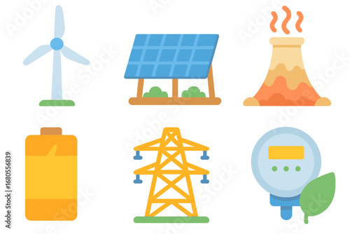 Children's Energy Icons. Flat vector mini-illustrations renewable energy towers in colors children's illustrations: wind turbine