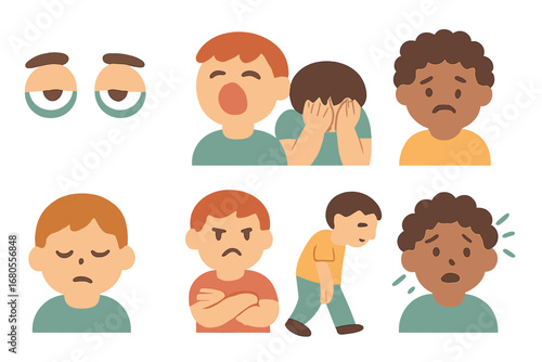 Children's Emotional Icons. Flat vector mini-illustrations depression symptoms in colors children's illustrations: tired eyes,