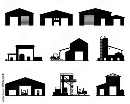 Vector Silhouettes of Industrial Buildings Comprehensive Set Featuring Warehouses, Storage Facilities, and Logistics Hubs Essential for Business Operations and Supply Chain Management