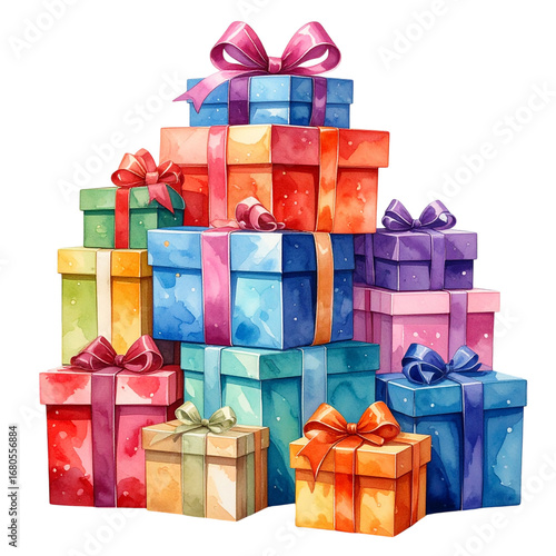 There is a stack of colorful gift boxes adorned with ribbons. The gifts are stacked on top of each other and come in various colors and sizes isolated on white and transparent background.