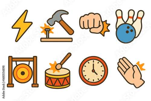 Action Icons for Kids. Flat vector mini-illustrations strike actions in colors children's illustrations: lightning bolt, hammer