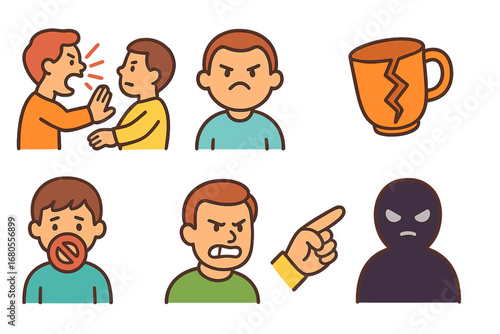 Abuse and Escape Icons. Flat vector mini-illustrations abuse types in colors children's illustrations: verbal yelling, pushing