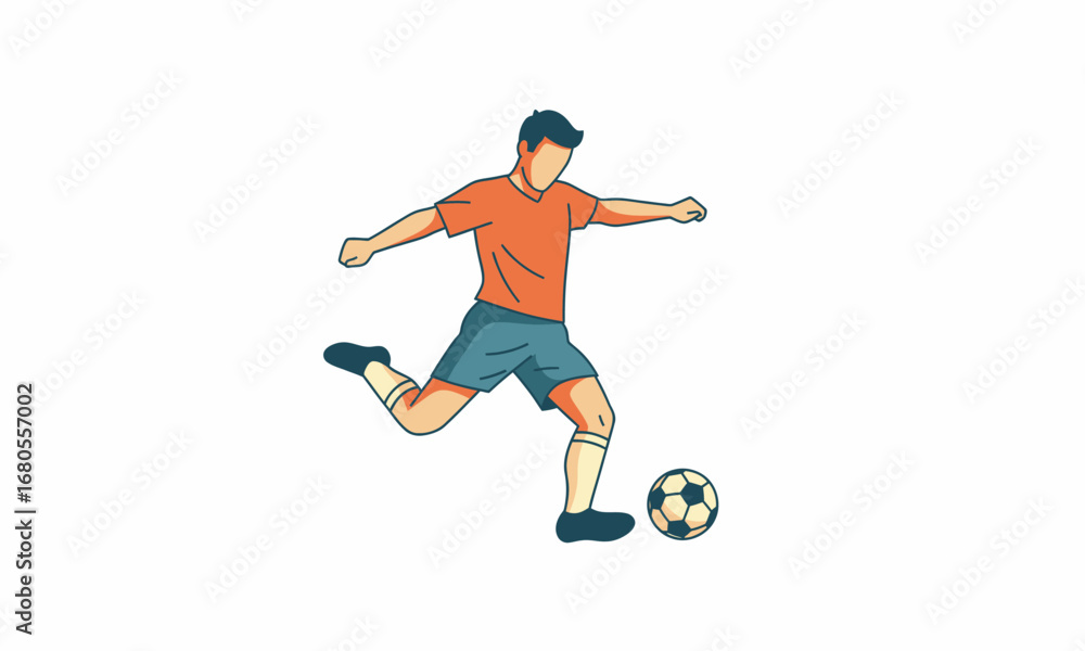 Obraz premium Soccer Player Kicking Ball - Orange Shirt, Blue Shorts, Action Pose.