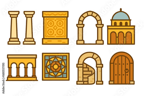 Ancient Architecture Icons. Flat vector mini-illustrations ancient architecture in colors children's illustrations: stone pillars,