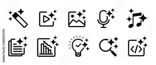 Artificial intelligence icon collection. AI generate buttons containing photo, video, audio, coding and more for app and website. Transparent vector