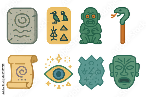 Ancient Curse Icons. Flat vector mini-illustrations ancient curse motifs in colors children's illustrations: stone tablet,