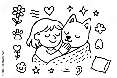 Affectionate Close Doodle. Hand-drawn doodle illustration affectionate nuzzle two faces close, heart, smile, closed eyes, hand,