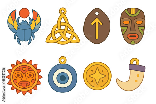 Ancient Amulet Icons. Flat vector mini-illustrations ancient amulets in colors children's illustrations: Egyptian scarab, Celtic