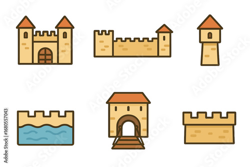 Ancient Defense Icons. Flat vector mini-illustrations ancient defense structures in colors children's illustrations: fortress,