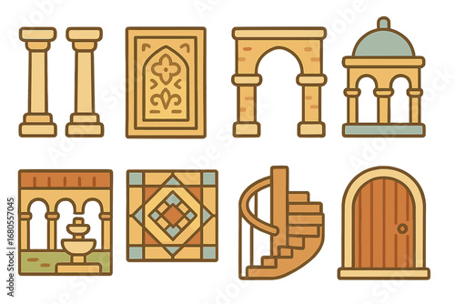 Ancient Architecture Icons. Flat vector mini-illustrations ancient architecture in colors children's illustrations: stone pillars,