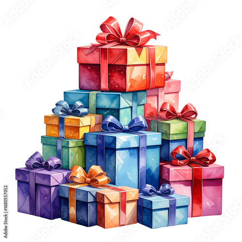 There is a stack of colorful gift boxes adorned with ribbons. The gifts are stacked on top of each other and come in various colors and sizes isolated on white and transparent background.
