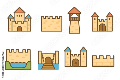 Ancient Defense Icons. Flat vector mini-illustrations ancient defense structures in colors children's illustrations: fortress,