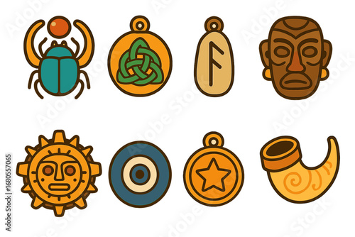Ancient Amulet Icons. Flat vector mini-illustrations ancient amulets in colors children's illustrations: Egyptian scarab, Celtic